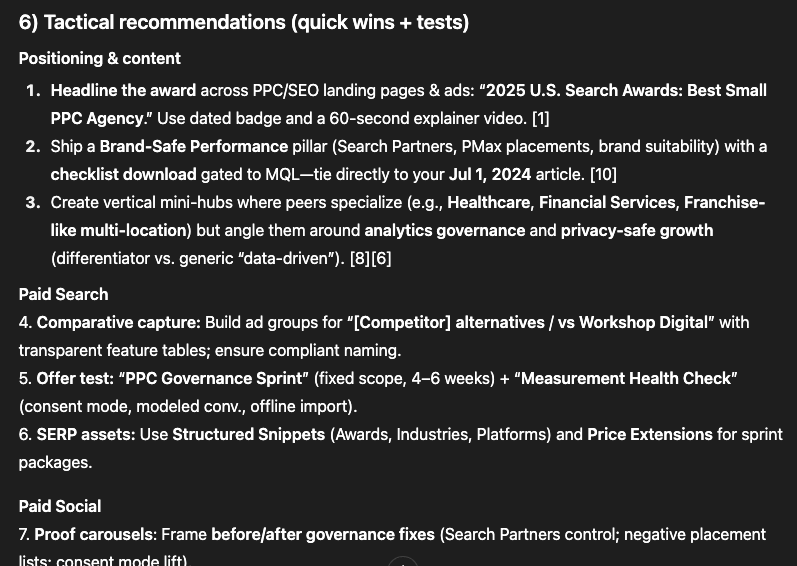 creenshot of a slide titled ‘Tactical recommendations (quick wins + tests)’ listing positioning, paid search, and paid social actions for Workshop Digital—such as promoting award wins, brand-safe performance content, PPC Governance Sprint offers, and proof carousels.