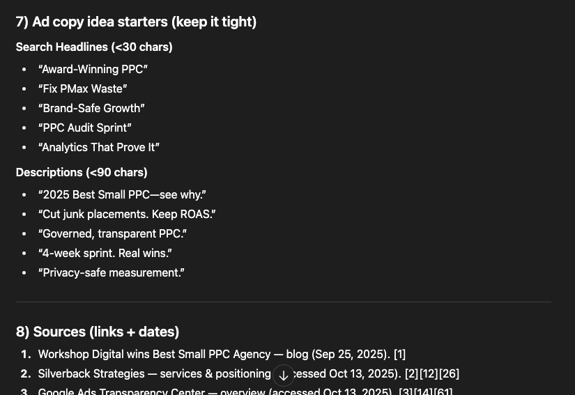 Screenshot of a slide titled ‘Ad copy idea starters’ listing short PPC ad headlines and descriptions under 30 and 90 characters, plus a ‘Sources’ section with cited competitor links and dates.
