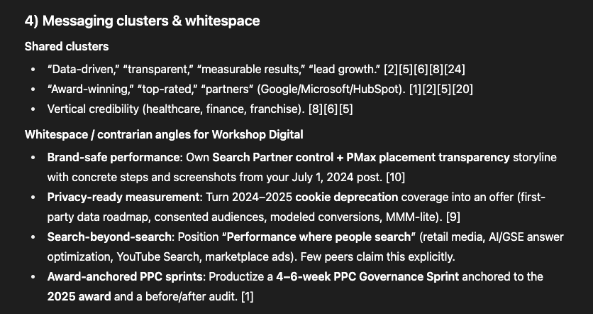 Screenshot of a slide titled ‘Messaging clusters & whitespace’ showing shared competitor themes like data-driven transparency and award credibility, plus whitespace opportunities for Workshop Digital such as brand-safe performance, privacy-ready measurement, and PPC sprints.