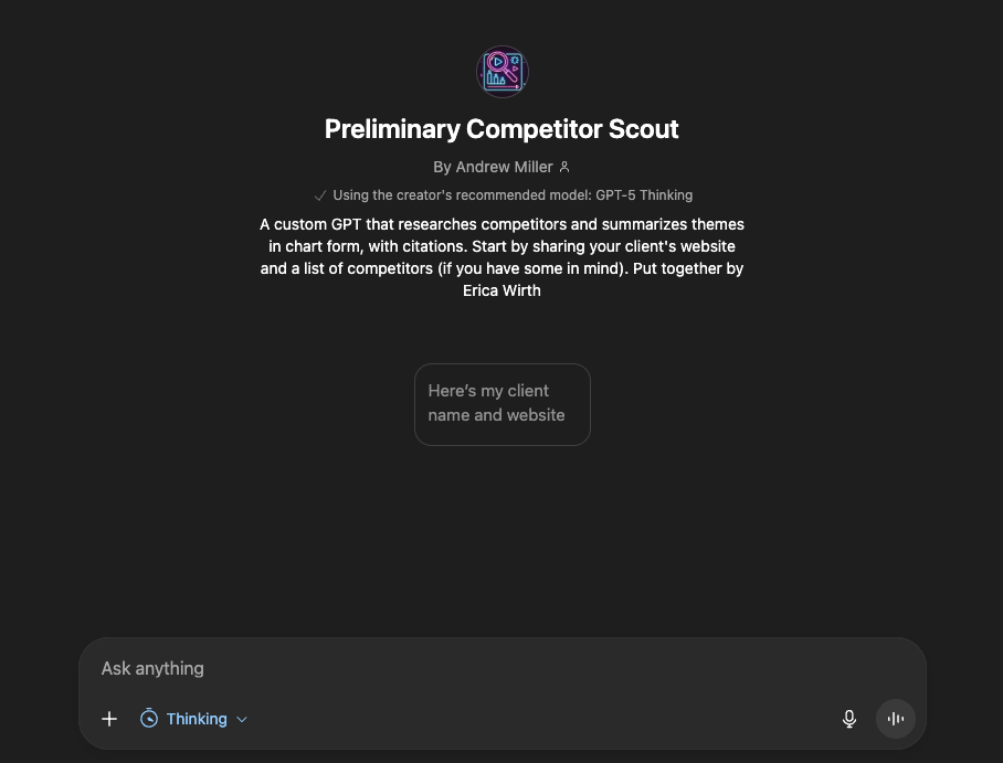 Screenshot of a custom GPT titled ‘Preliminary Competitor Scout’ by Andrew Miller, described as a tool that researches competitors and summarizes themes with citations
