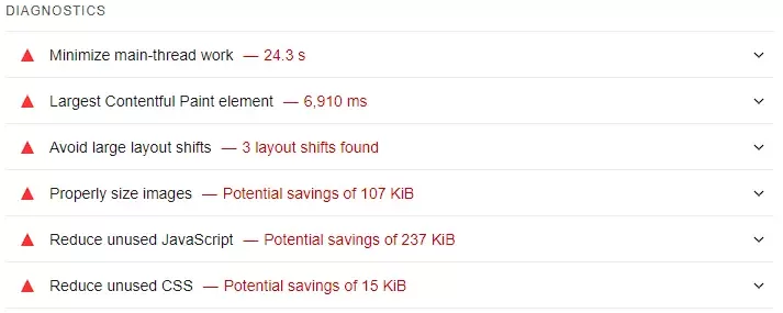Screenshot of recommended optimizations in Google's PageSpeed Insights to improve Core Web Vitals.