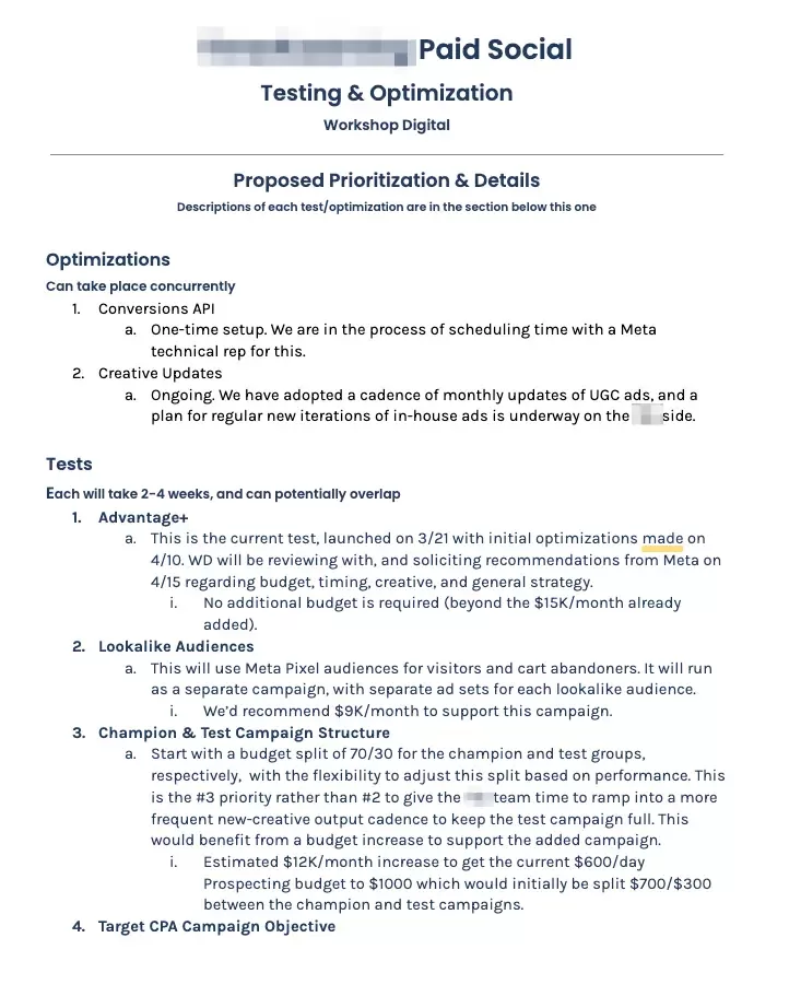 Example of a Paid Social Testing & Optimization proposed prioritization and details plan.
