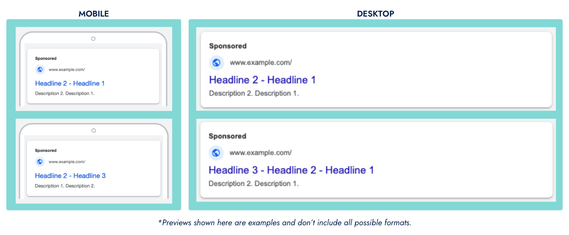 Screenshots of Google Responsive Search Ad examples.