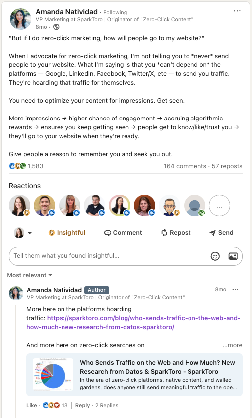 A screenshot of a LinkedIn post from Amanda Natividad with a link in the top comment