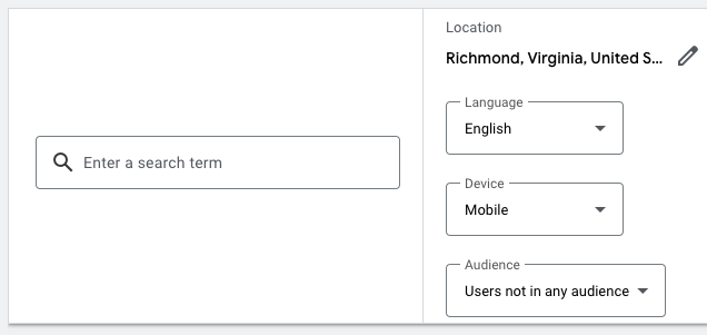 Screenshot of the Search Criteria options in the Google Ads UI with a search bar for search term, editable location field, and language, device, and audience dropdown fields.