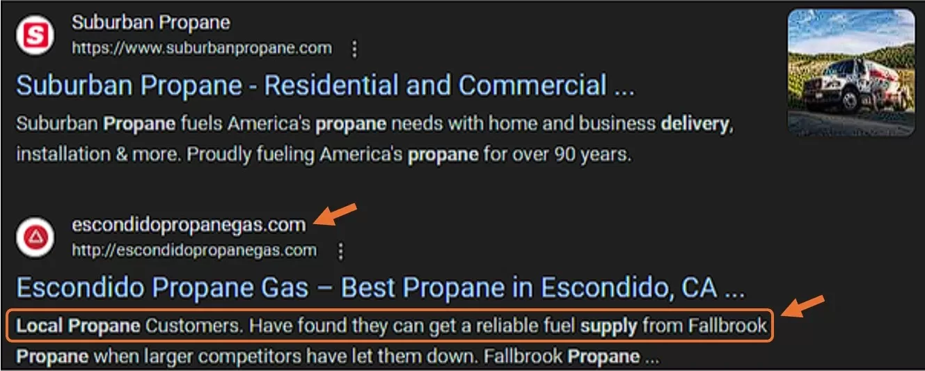 A screenshot showing search engine results for a propane gas company that is oddly formatted.