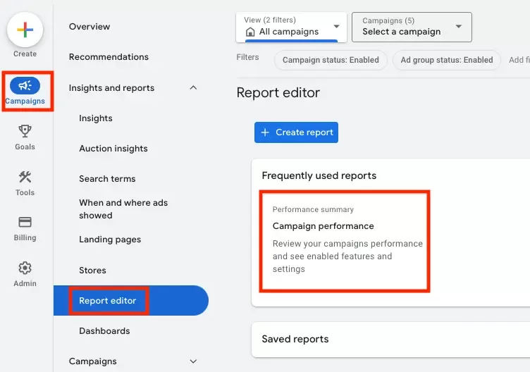 Red squares around specific areas you should click to download your Google Ads Search Campaign data.