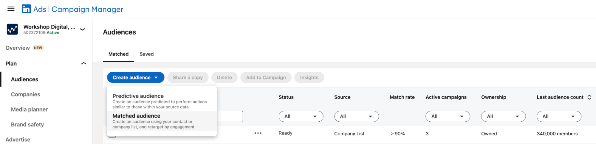 LinkedIn's Campaign Manager view when selecting Matched Audiences.