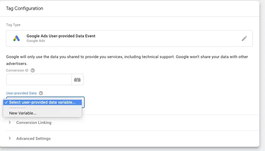 Screenshot of Google Ads interface to save a new variable.
