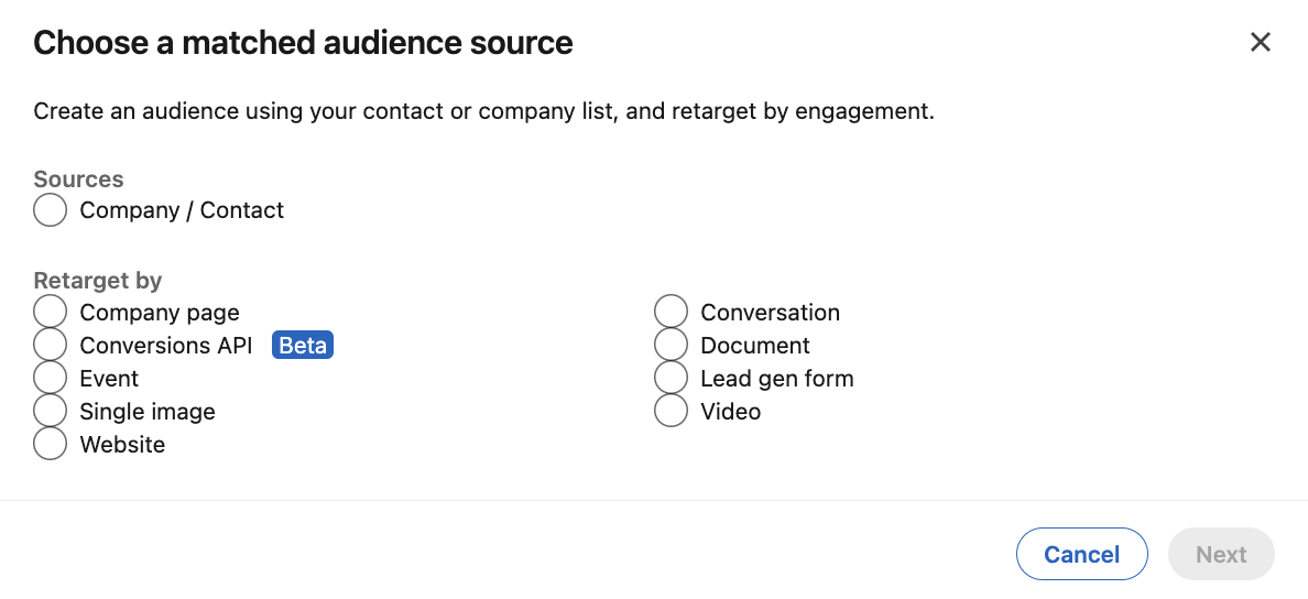LinkedIn Campaign Manager options for selecting a matched audience list.