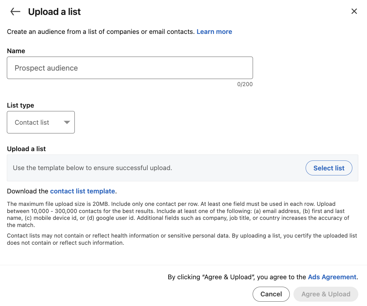 LinkedIn Campaign Manager view when uploading a list.