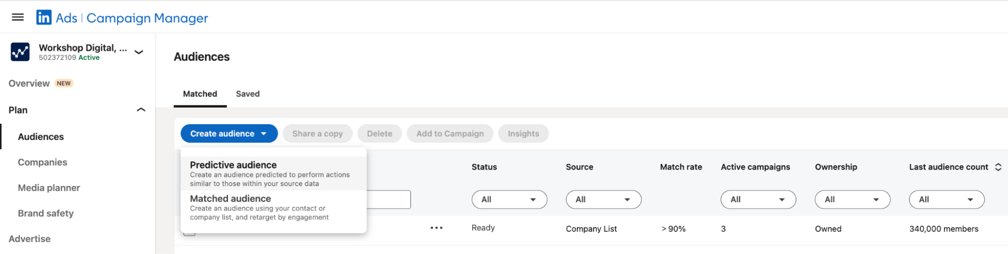 Selecting Predictive Audiences in LinkedIn's Campaign Manager.