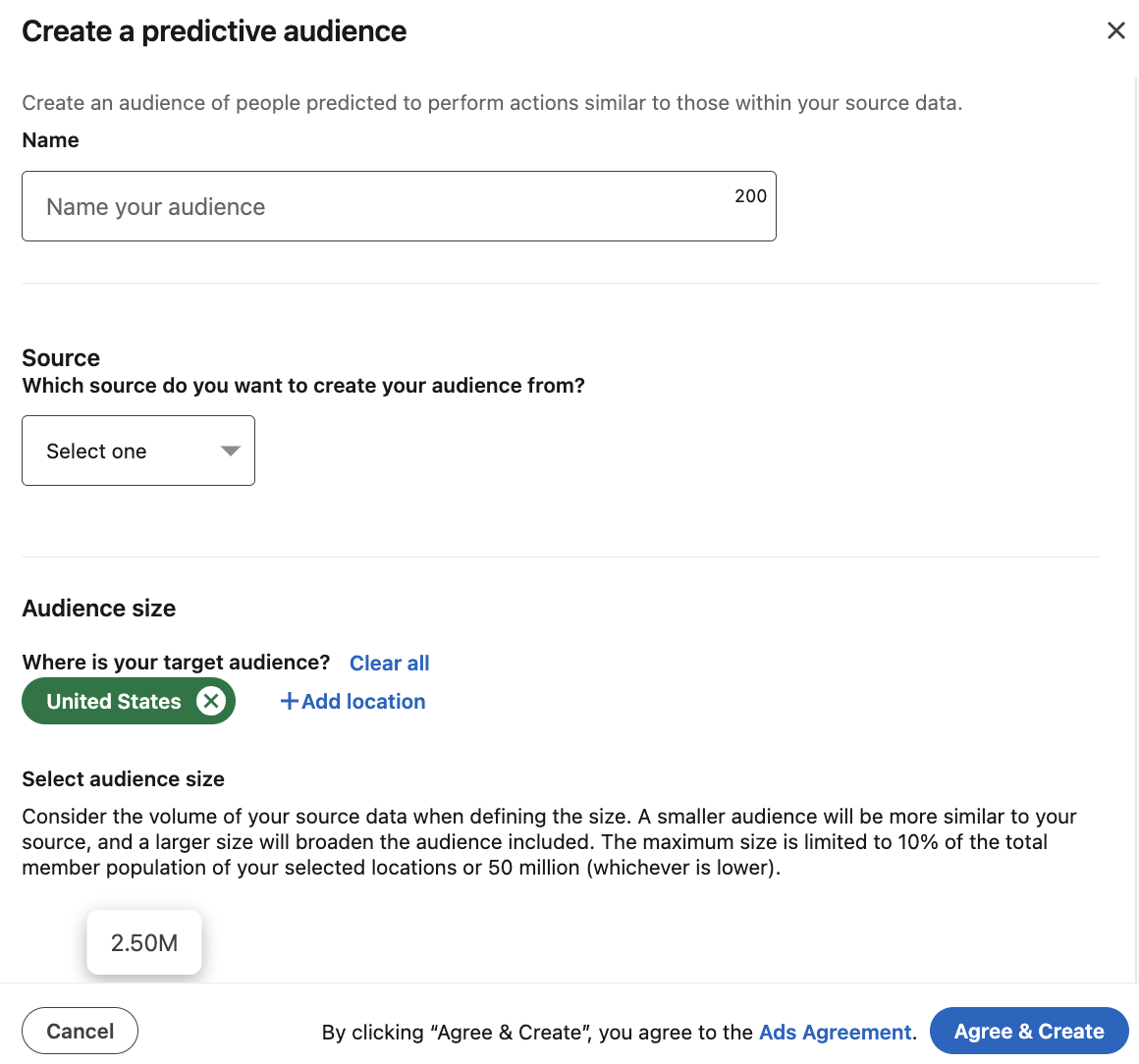 Selecting a source for your Predictive Audience in LinkedIn Campaign Manager.