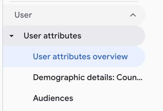 Screenshot of the user attribute data menu in GA4.