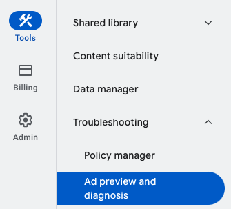 Screenshot of the Tools navigation element in the Google Ads UI with Ad Preview and Diagnosis highlighted
